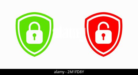 Set of Shield Lock and Unlock Icon. Symbol padlock. Vector sign Illustration. Stock Vector