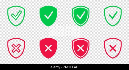 Shield check mark icon set. Protection approve sign. Safe icon. Tick and cross icons. Vector illustration on a transparent background. Stock Vector