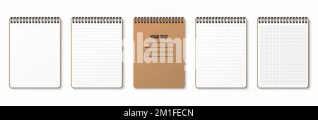 Realistic notepad. Lined, gridded and dotted sheets. Blank sheets of notebook with grid for homework and exercises. Horizontal spiral. Creative vector Stock Vector