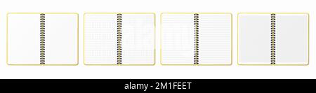 Realistic notepad. Lined, gridded and dotted sheets. Blank sheets of notebook with grid for homework and exercises. Vertical spiral. Creative vector i Stock Vector