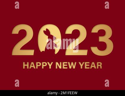 Happy New Year. Lettering 2023 with rabbit zodiac sign silhouette. Modern minimalism style. Vector flat illustration. Stock Vector