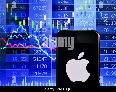 KONSKIE, POLAND - December 12, 2022: Smartphone displaying logo of Apple company on stock exchange diagram background Stock Photo