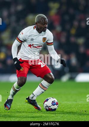 Hull City's Jean Michael Seri in action during the Sky Bet Championship match at Vicarage Road, Watford. Picture date: Sunday December 11, 2022. Stock Photo