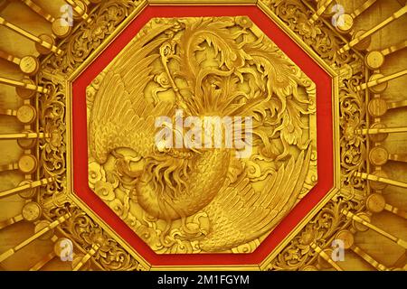 Amazing Chinese Phoenix Wood Carving on the Ceiling of a Chinese Buddhist Temple Stock Photo