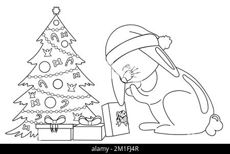Coloring with cute cartoon rabbit with gift near Christmas tree Stock Vector