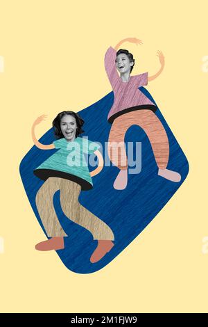 Vertical collage picture of two excited positive girls drawing body enjoy dancing isolated on painted background Stock Photo