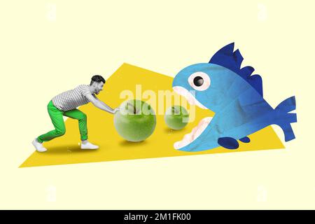 Photo collage cartoon comics sketch picture of guy feeding apple big huge blue fish isolated drawing background Stock Photo