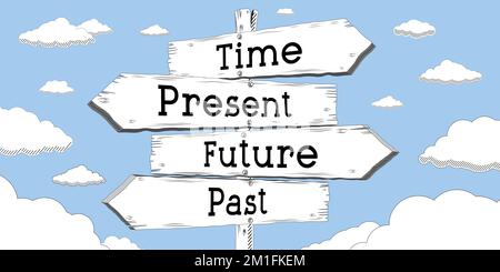 Time, present, future, past - outline signpost with four arrows Stock Photo