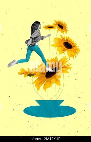 Photo artwork minimal collage picture of charming dreamy lady running flowers isolated drawing background Stock Photo