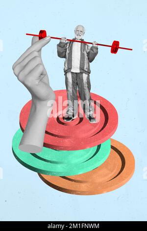 Vertical collage image of black white colors hand help mini grandfather lifting barbell isolated on creative background Stock Photo