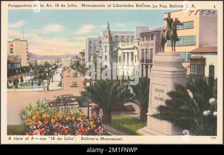 Perspectiva de la Av. 16 de Julio. Monumento al Liberator Bolívar. La Paz, Bolivia S. A. - A view of Avenue '16 de Julio'. Bolivar's monument , Monuments & memorials, Cities & towns, Bolívar, Simón, 1783-1830, Tichnor Brothers Collection, postcards of the United States Stock Photo