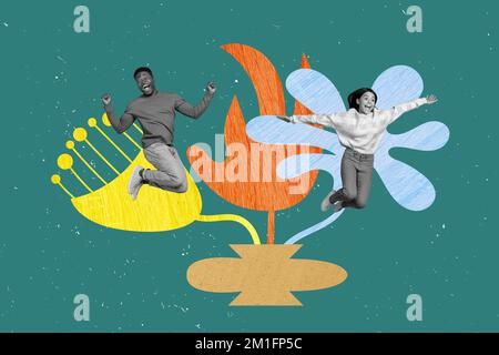 Creative collage image of two delighted overjoyed black white effect people jumping raise fists luck painted flowers Stock Photo