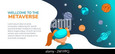 Girl in virtual reality headset immerse into meta universe with cosmos space planets stars. Virtual spacewalk in metaverse banner with copy space. Welcome to the metaverse vector illustration. Stock Vector