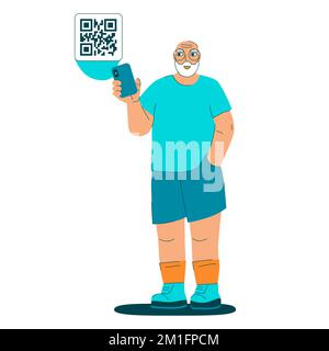 Bearded grandpa scan qr code. Seniors successfully using new technologies. Athletic looking happy elderly man uses smartphone for information or online shopping. Vector illustration. Stock Vector