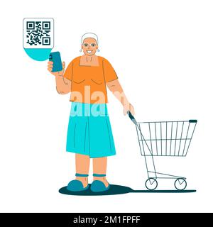 Cute grandma with shopping cart. Happy senior woman with smartphone. Elderly female scans QR code shopping concept. Online purchase. QR sign. Elderly successful buyer using gadgets vector illustration Stock Vector