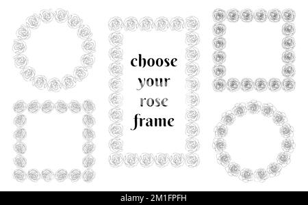 Simple doodle floral frames. Borders from hand drawn sketchy roses collection. Square circle rectangular frame elements. Card banner invitation decor. Vector illustration. Stock Vector