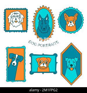 Doodle dog portraits set. Cute outline muzzles in vintage frames collection. Different dog breeds in simple borders. Hand drawn ink sketch. Vector illustration. Stock Vector