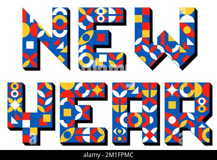 Happy New Year scirpt in brutalism bauhaus style. Simple geometric shapes mondrian neoplasticism colors. Retro stylized mosaic font. Pixel pattern collage. Minimalistic card banner vector illustration Stock Vector