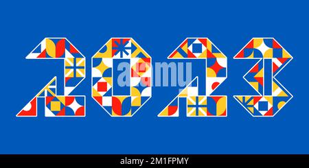 2023 numbers brutalism geometric bauhaus style. New Year sign simple shapes neoplasticism mondrian colors. Typography for decoration, backgrounds, banner, cover, card template. Vector illustration Stock Vector