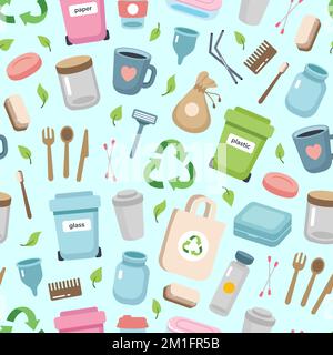 Zero waste concept seamless pattern with different elements. Sustainable lifestyle, ecological concept. Vector illustration in cartoon style Stock Vector