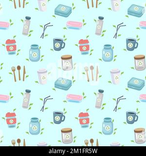 Zero waste concept seamless pattern with different elements. Sustainable lifestyle, ecological concept. Vector illustration in cartoon style Stock Vector
