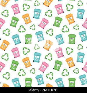 Zero waste concept seamless pattern with garbage bins and recycling sign. Sustainable lifestyle, ecological concept. Vector illustration in cartoon st Stock Vector