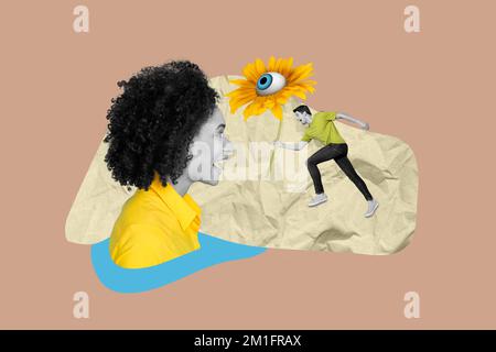 Exclusive magazine picture sketch collage image of funky funny guy delivering eye flower isolated painting background Stock Photo