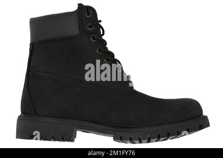 black leather boot from side on white background Stock Photo