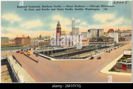 Railroad terminals Northern Pacific -- Great Northern -- Chicago Milwaukee, St. Paul, and Pacific and Union Pacific, Seattle, Washington , Railroad stations, Tichnor Brothers Collection, postcards of the United States Stock Photo