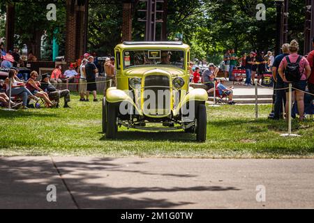 Des Moines, IA - July 03, 2022: Wide angle front view of a 1932 Ford 5 Window Coupe Hot Rod at a local car show. Stock Photo