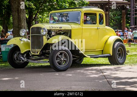 Des Moines, IA - July 03, 2022: Low perspective front corner view of a 1932 Ford 5 Window Coupe Hot Rod at a local car show. Stock Photo