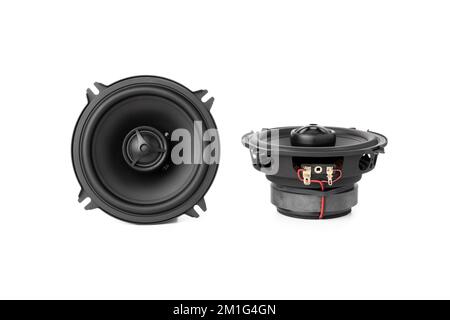 Stylish car audio acoustic round speakers isolated on white background. Front and side view Stock Photo