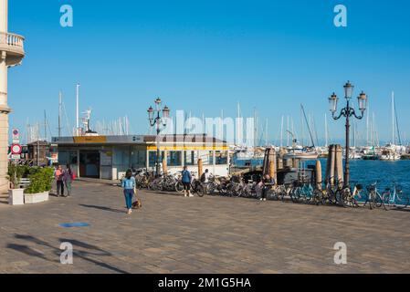 Venice Lagoon transport, view in summer of the imbarcadero - ferry landing stage - in the Piazzetta Vigo in Chioggia, Comune of Venice, Veneto, Italy Stock Photo