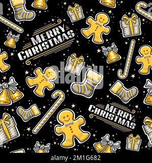 Vector Christmas seamless pattern, repeating background with cut out illustrations of christmas bells, gray cartoon gift boxes with bow, decorative co Stock Vector