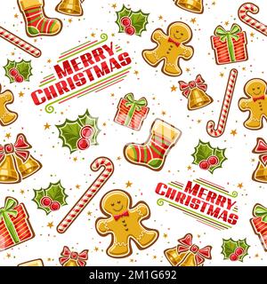 Vector Christmas seamless pattern, square repeat background with illustration of golden christmas bells with bow, red cartoon gift boxes, decorative s Stock Vector