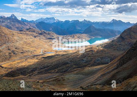 Aerial view of two blue lakes near the summit of the Bernina Pass in Switzerland Stock Photo