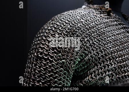 Close-up view of real handmade chainmail armor. Details of armor chain texture. Stock Photo