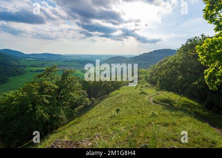 Plavecke Podhradie (Blasenstein, Plasenstein): view to village Plavecky Mikulas (Blasenstein-Sankt Nikolaus), mountain Male Karpaty (Little Carpathian Stock Photo