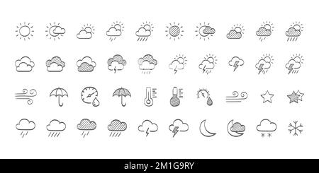 Weather icons. Drawn weathers icons. Weather icons sun and clouds in sky, rain with snow, thunder and lightning. Vector illustration Stock Vector