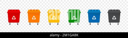 Recycle bins. Separation concept. Rubbish bins. Garbage containers for trash sorted by plastic, organic, e-waste, metal, glass, paper. Vector illustra Stock Vector