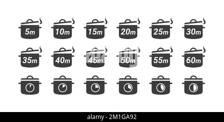Cook time minutes. Meal preparation time icons. Cook time icons. Boiling time. Frying time icons. Flat style. Vector illustration Stock Vector