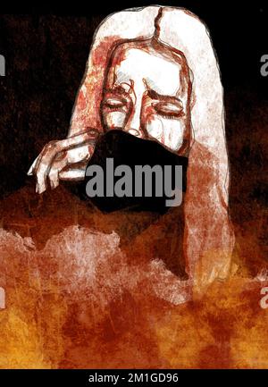 Unhappy woman cries, suffers. Pencil hand drawn face sad woman covers her mouth with her sleeve.. Concept of war, fire, grief, loss, grief, pain Stock Photo