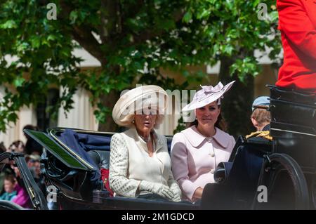 Camilla, Duchess of Cornwall, with Kate Middleton, Duchess of Cambridge. Trooping the Colour 2013 taking place along The Mall, London, UK Stock Photo