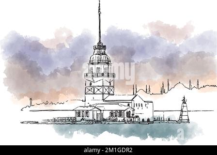 Watercolor sketch of The Maiden's Tower Kiz Kulesi , Leander's Tower Tower of Leandros, Istanbul, Turkey. A tower on a small islet at the southern Stock Vector