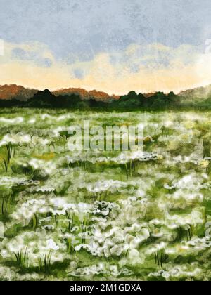 Abstract illustration art poster of a chamomile field in the backdrop of sunset and trees. Contemporary floral art. Bohemian printable wall art, boho Stock Photo