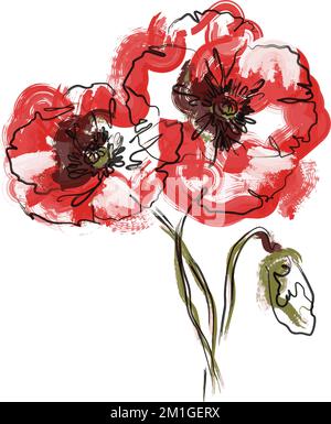Abstract Three Red Poppy flowers. The effect of red gouache stains. Contemporary floral art style. Suitable for posters, logos and templates. Isolated Stock Vector