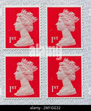 First class postage stamps, UK, bearing the head of queen Elizabeth the second. Stock Photo