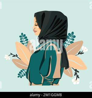 Cartoon flat portrait of Beautiful girl in hijab. Elegant of a young Muslim woman. Vector stock illustration. Arabian culture Stock Vector