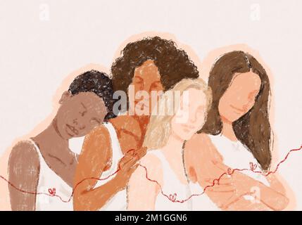 Four beautiful abstract girls of different nationalities are tied with a red thread. Each girl's head rests on the next. The concept of unity, women's Stock Photo
