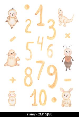 Watercolor childish poster with cute animals and numbers. Baby characters in beige colors. Children room decor. Perfect for invitations, greeting card Stock Photo